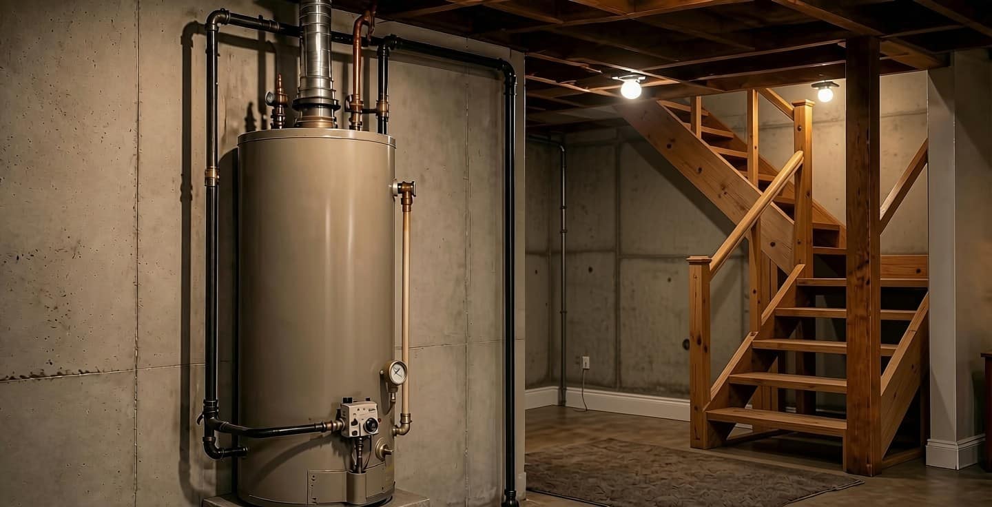 Basement water heater with copper and black pipes and a pressure gauge, boiler clicking on and off guide by Climate Plus.