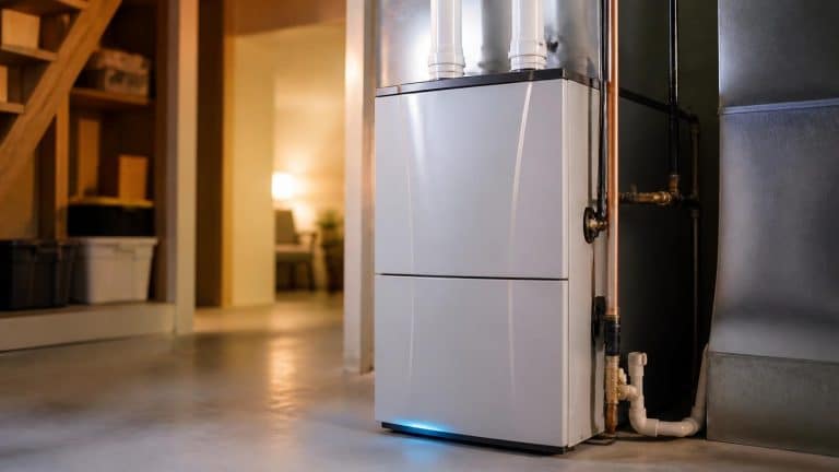 Clean modern high-efficiency gas furnace installed in a residential basement in Oak Ridge, New Jersey.